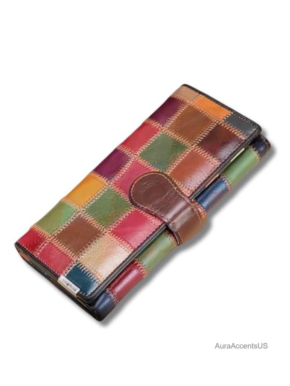 Genuine Leather Trifold Wallet Patchwork Checkered Large Capacity Clutch
